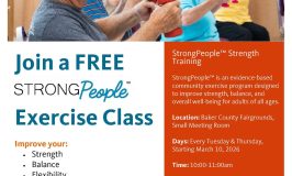 Flyer for a free StrongPeople exercise class, showing older adults using hand weights and listing class details, benefits, contact info, and the Oregon State University logo.